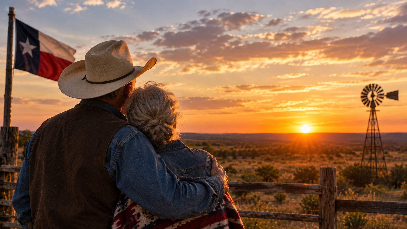 An older cowboy embracing his wife at a Texas ranch sunset, beside a Texas flag, rustic fence and windmill